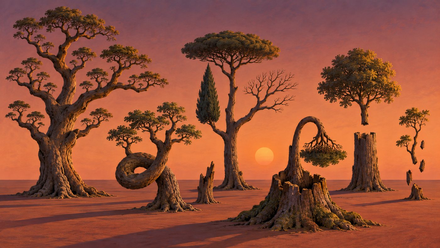 A dusk stage of impossible trees: a great branching tree, a looped trunk, a tree grafted with a cypress and a bare branch, a crown floating above its cut stump, and fragments drifting in the air.